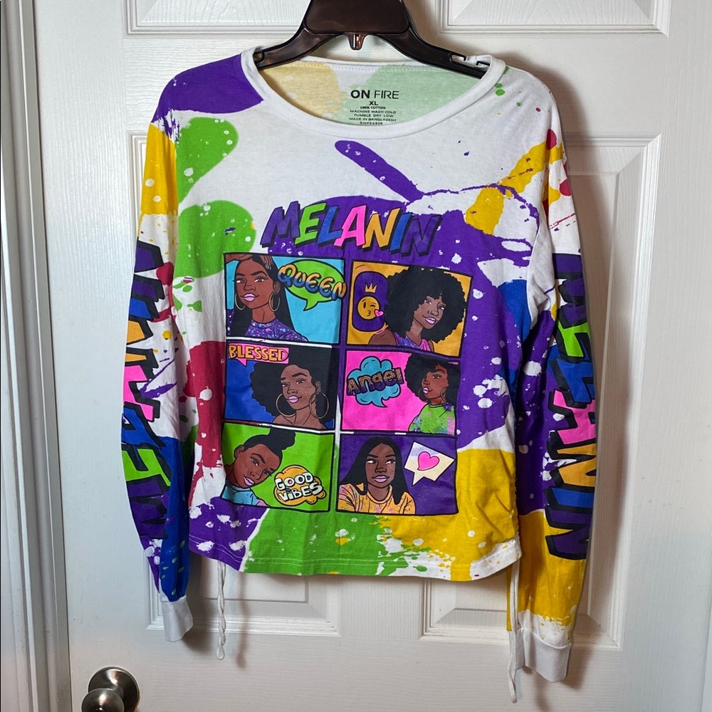 On Fire Colorful Graphic Long Sleeve Tee Melanin Girl Cotton Crew Neck Top